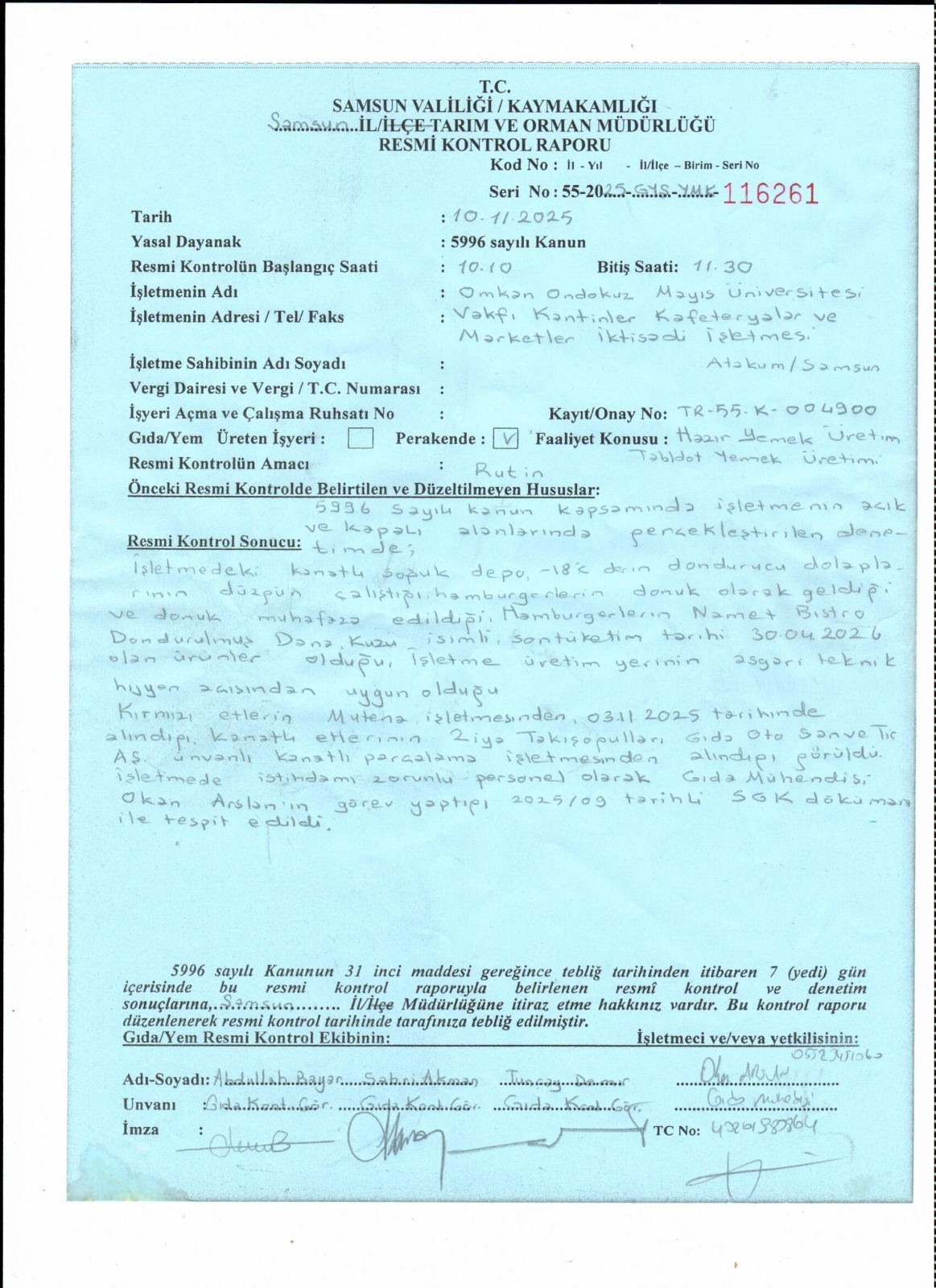 OMÜ VAKFI KOLEJİ YEMEK NUMUNE SONUÇLARI TEMİZ ÇIKTI