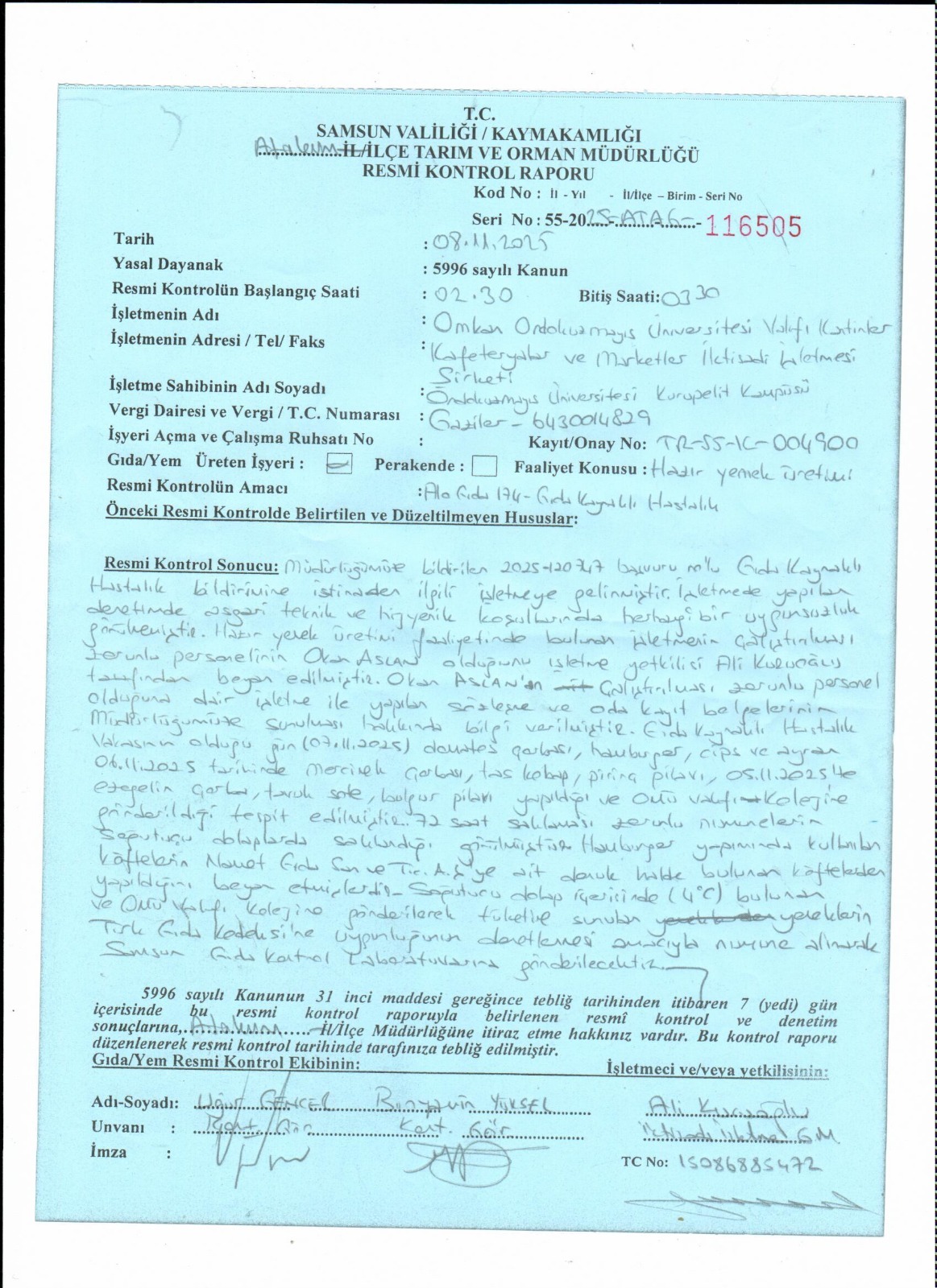 OMÜ VAKFI KOLEJİ YEMEK NUMUNE SONUÇLARI TEMİZ ÇIKTI