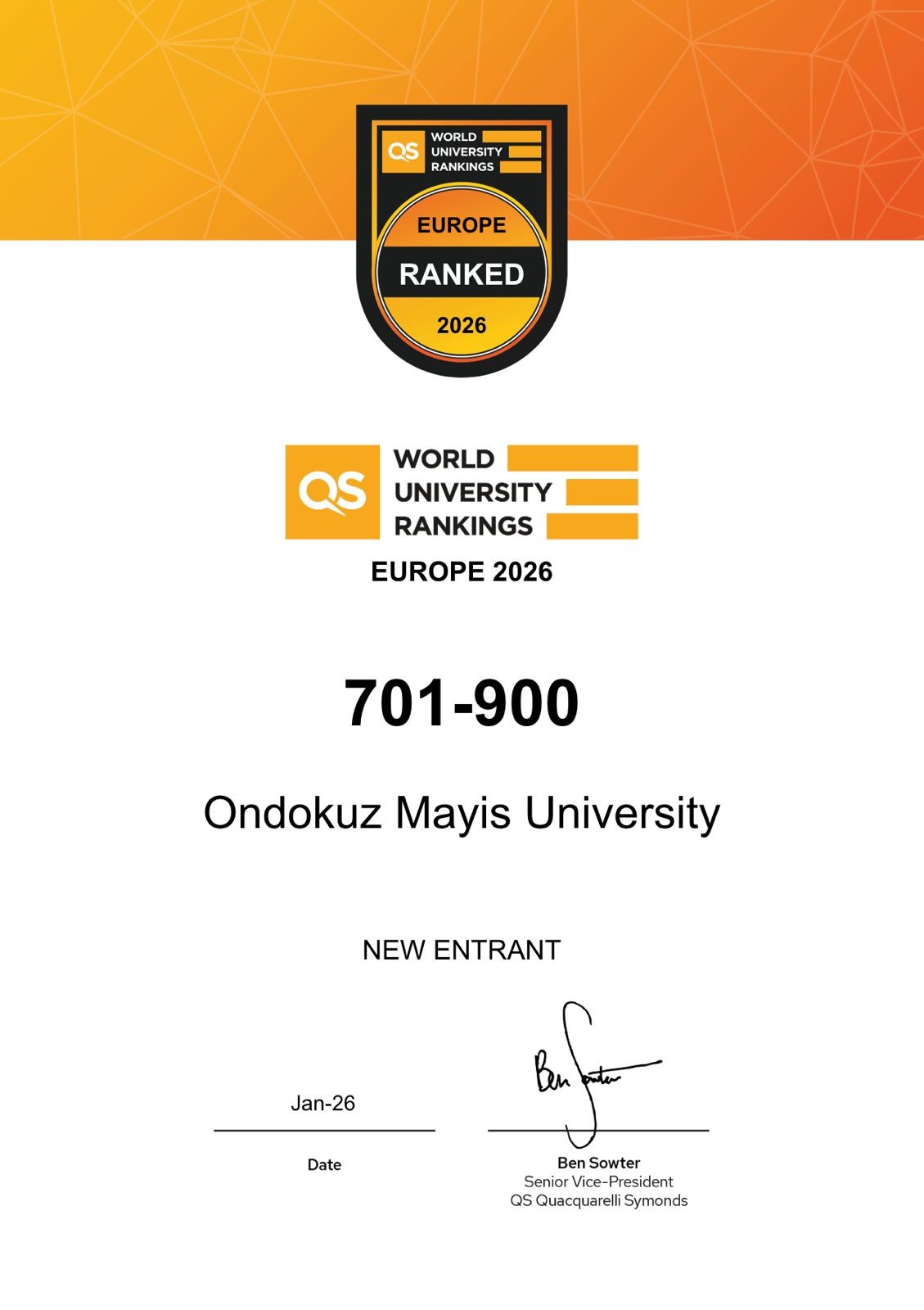 OMÜ, QS Europe 2026 sıralamasında yer aldı