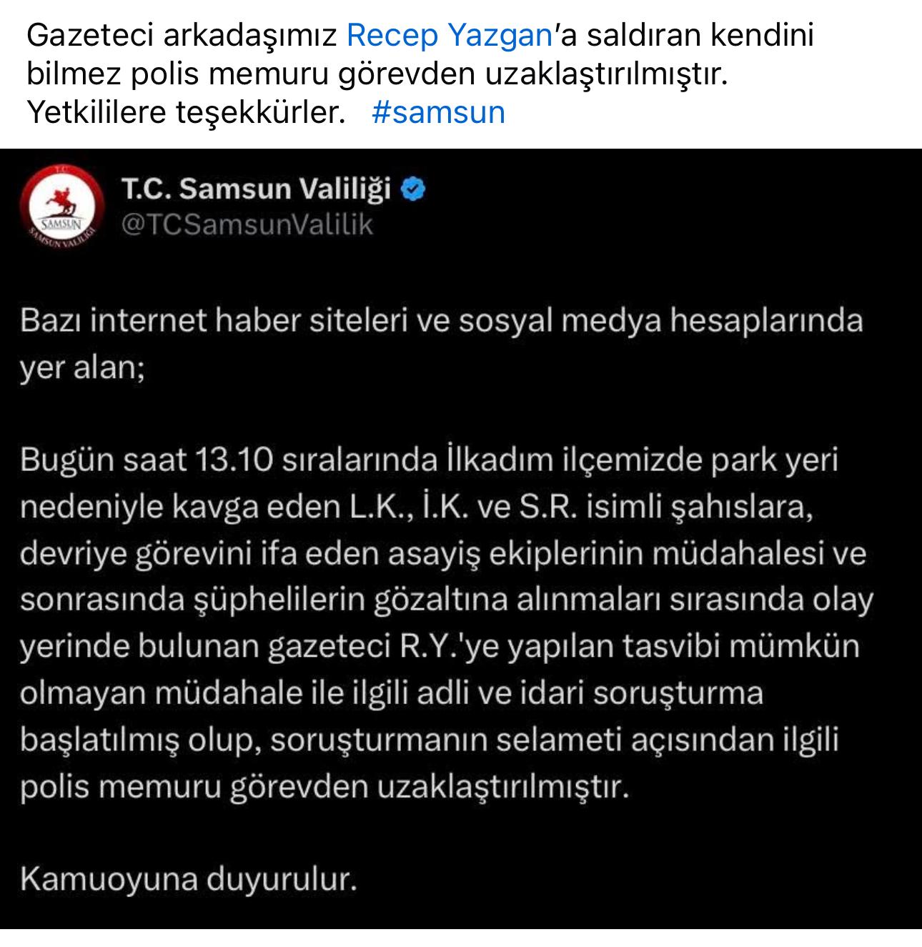 Samsun Valiliği'nden açıklama: 