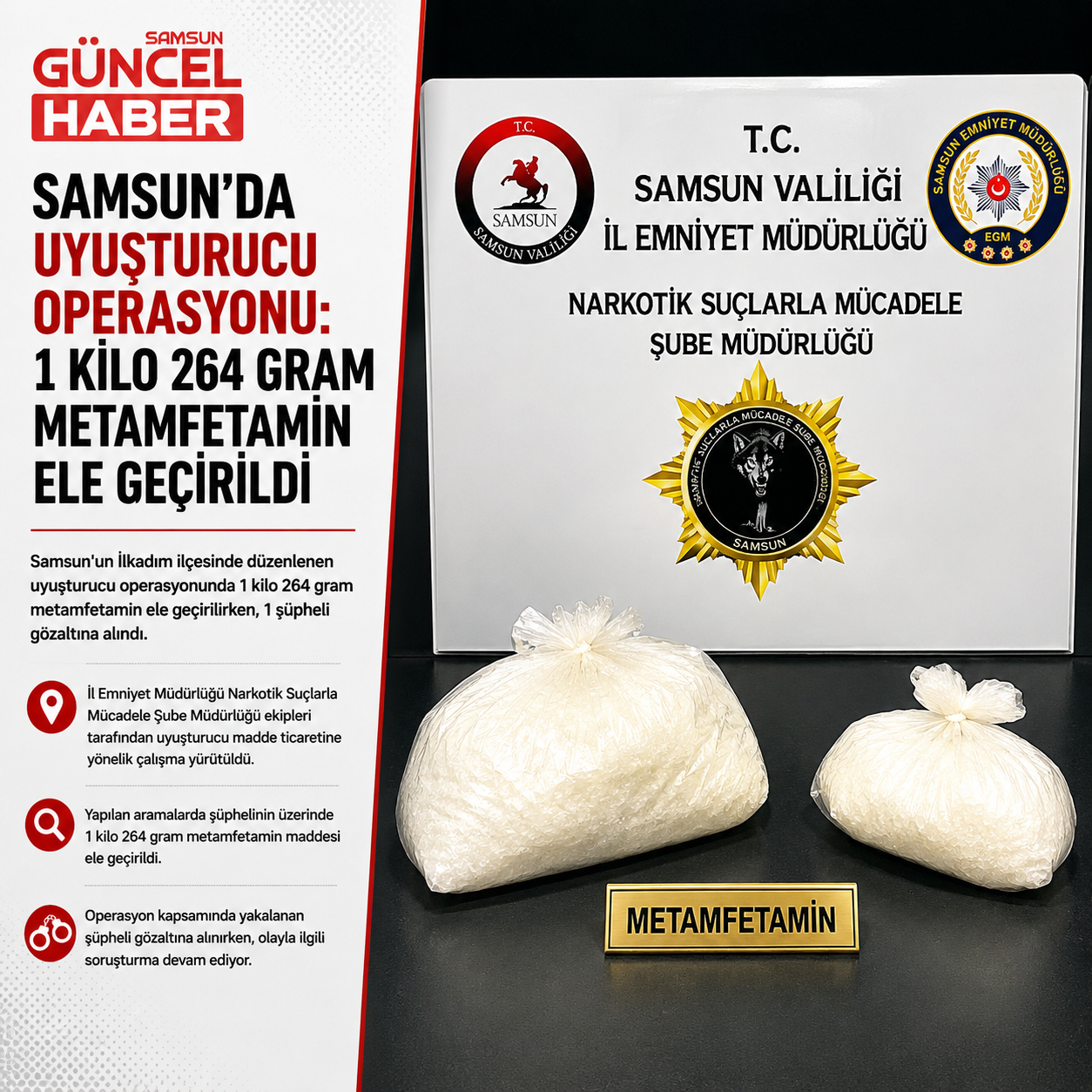 İlkadım'da uyuşturucu operasyonu: 1 kilo 264 gram metamfetamin ele geçirildi