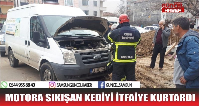 MOTORA SIKIŞAN KEDİYİ İTFAİYE KURTARDI