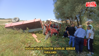 Buğday yüklü traktör devrildi, sürücü yaralandı